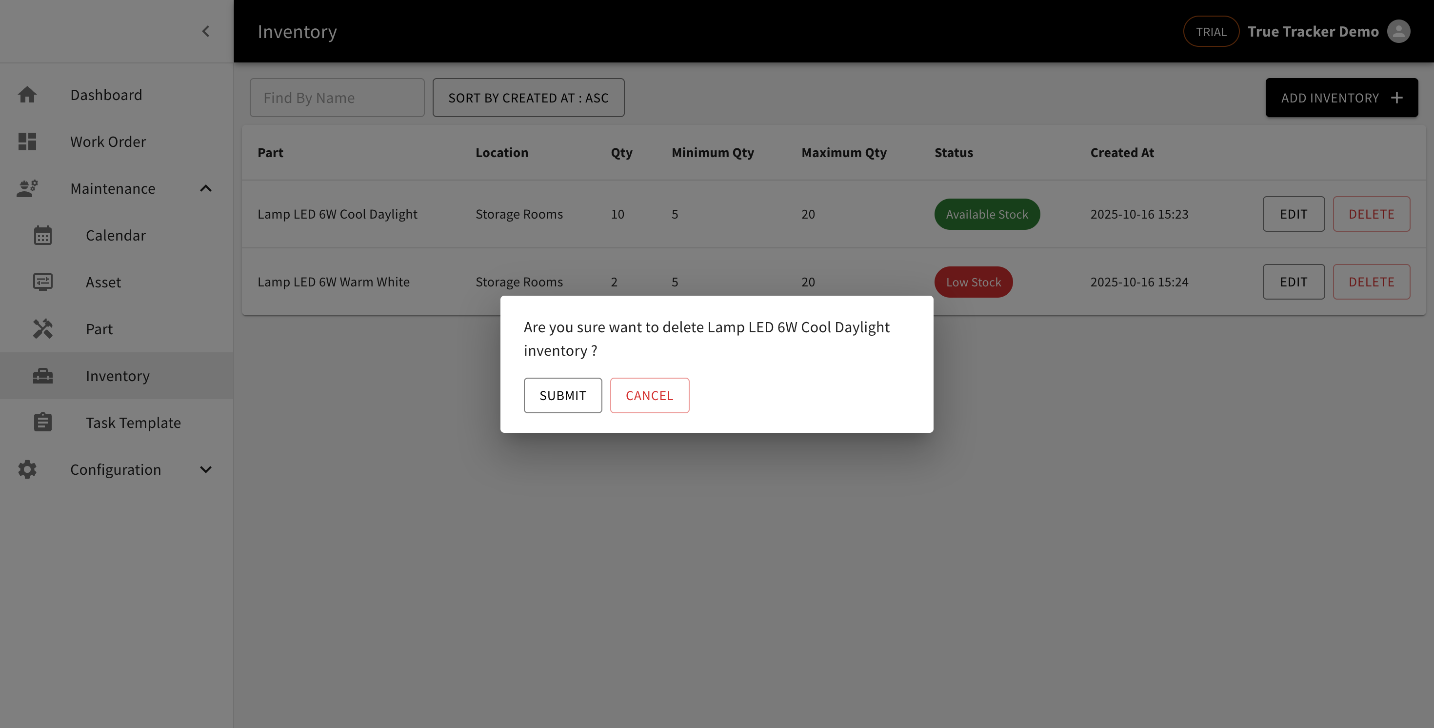 Delete Inventory Item Confirmation