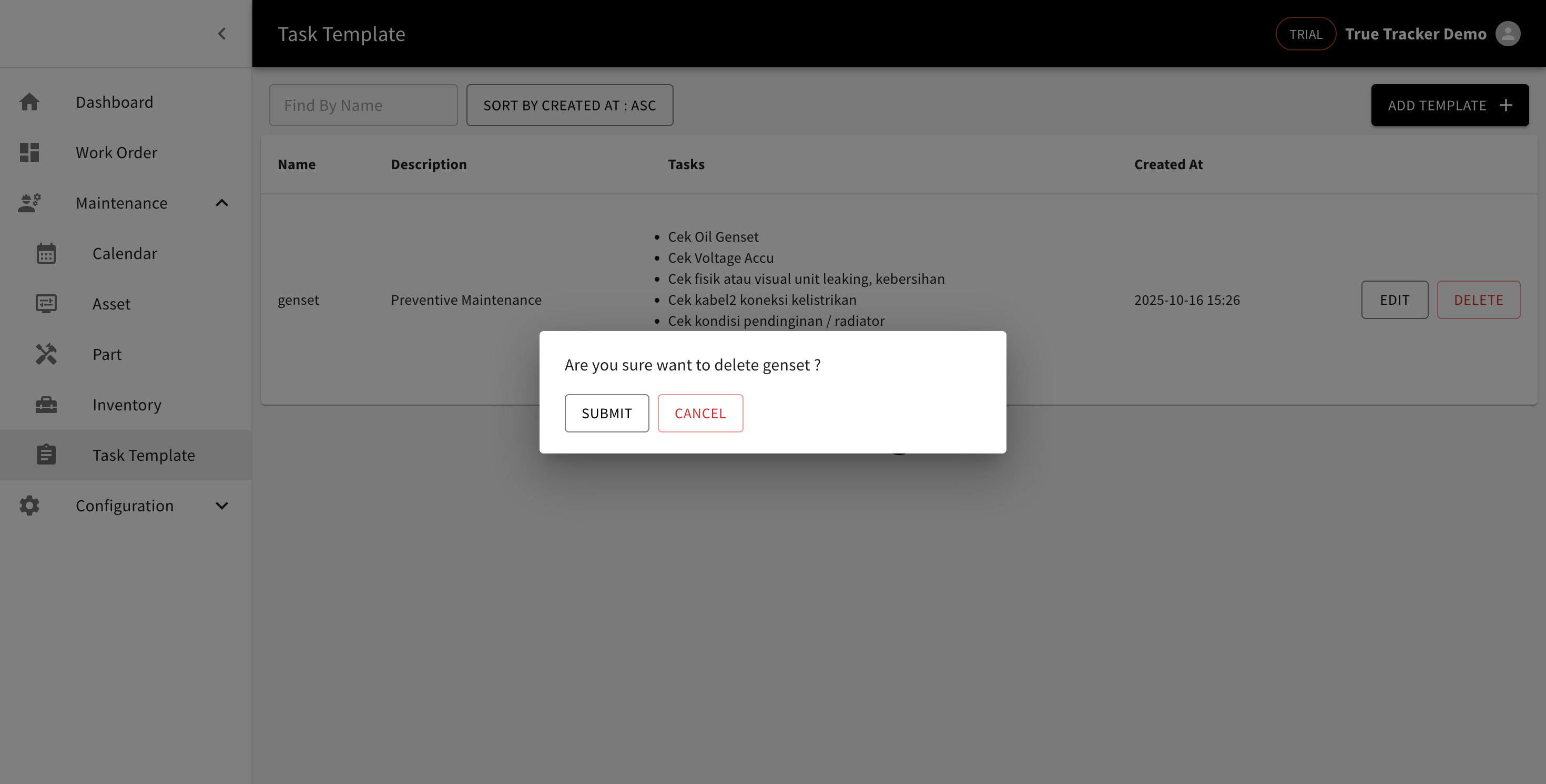 Delete Task Template Confirmation