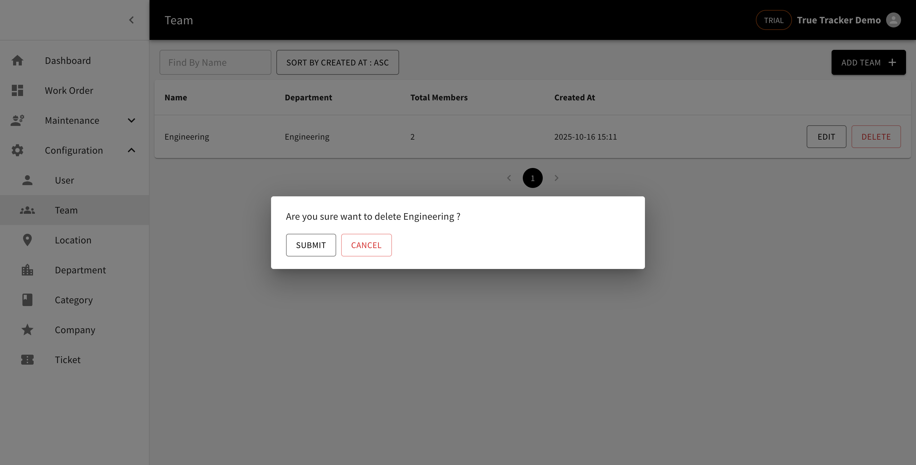 Delete Team Confirmation