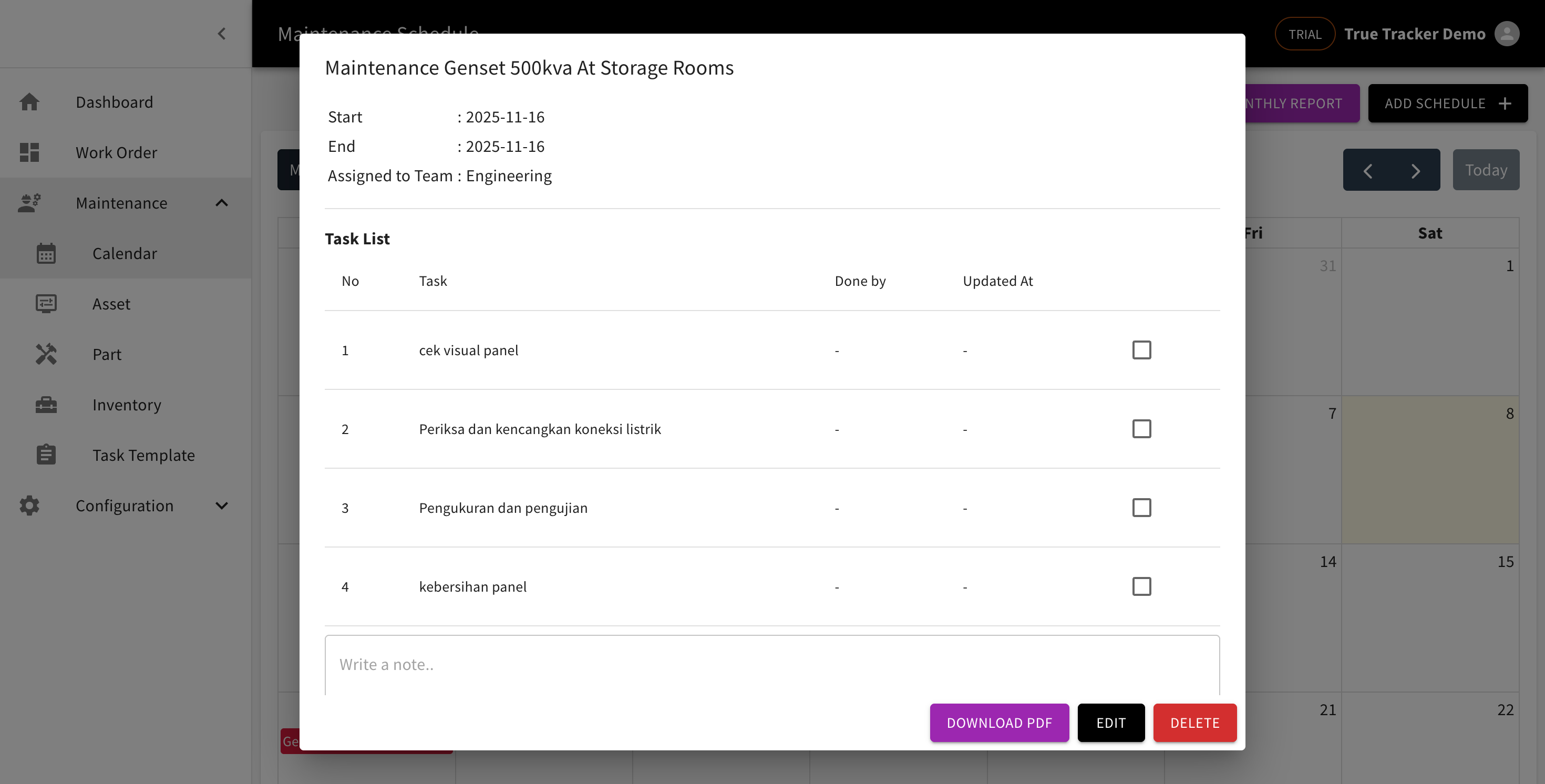 Maintenance schedule detail