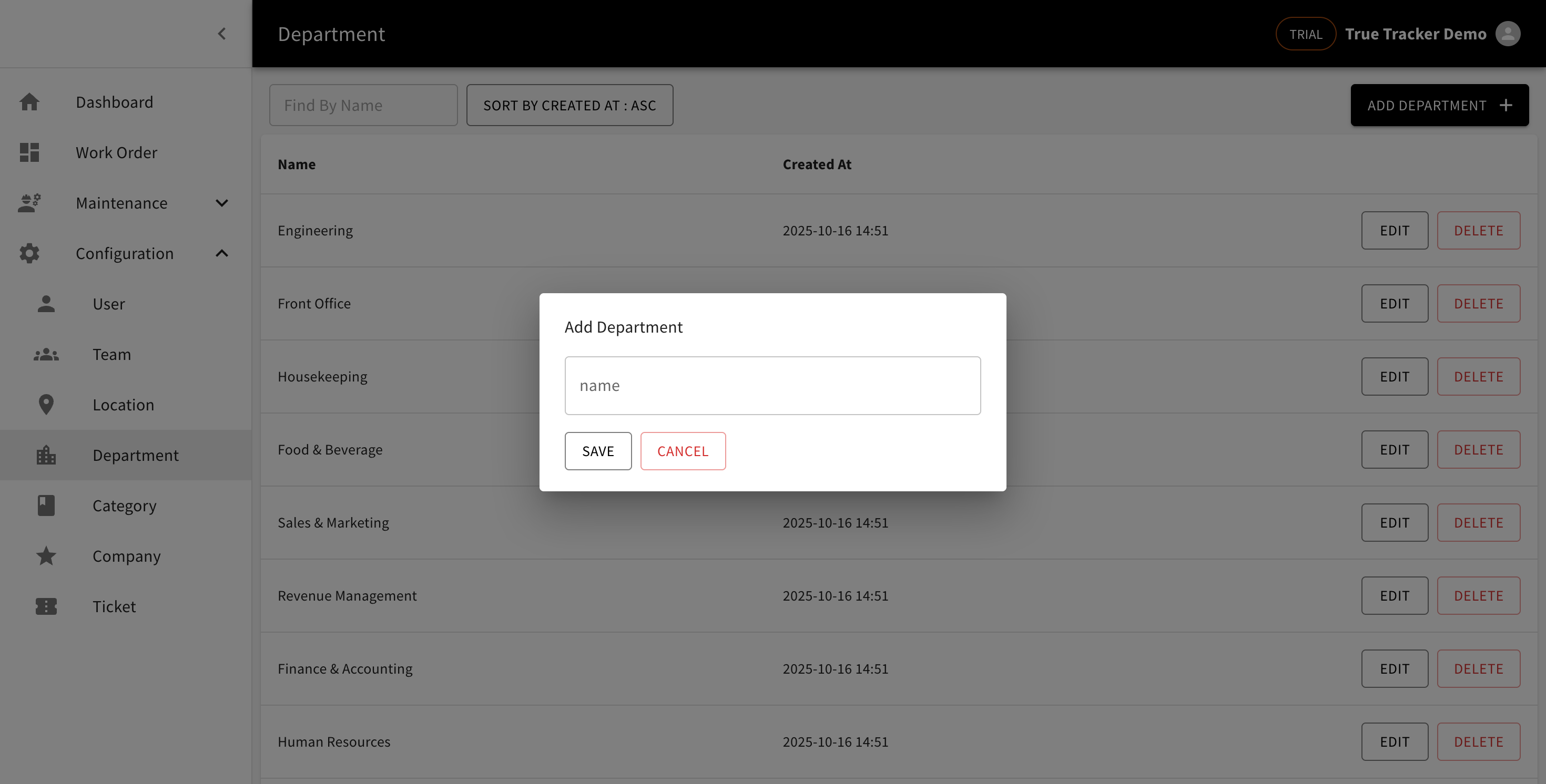 Create Department Screen