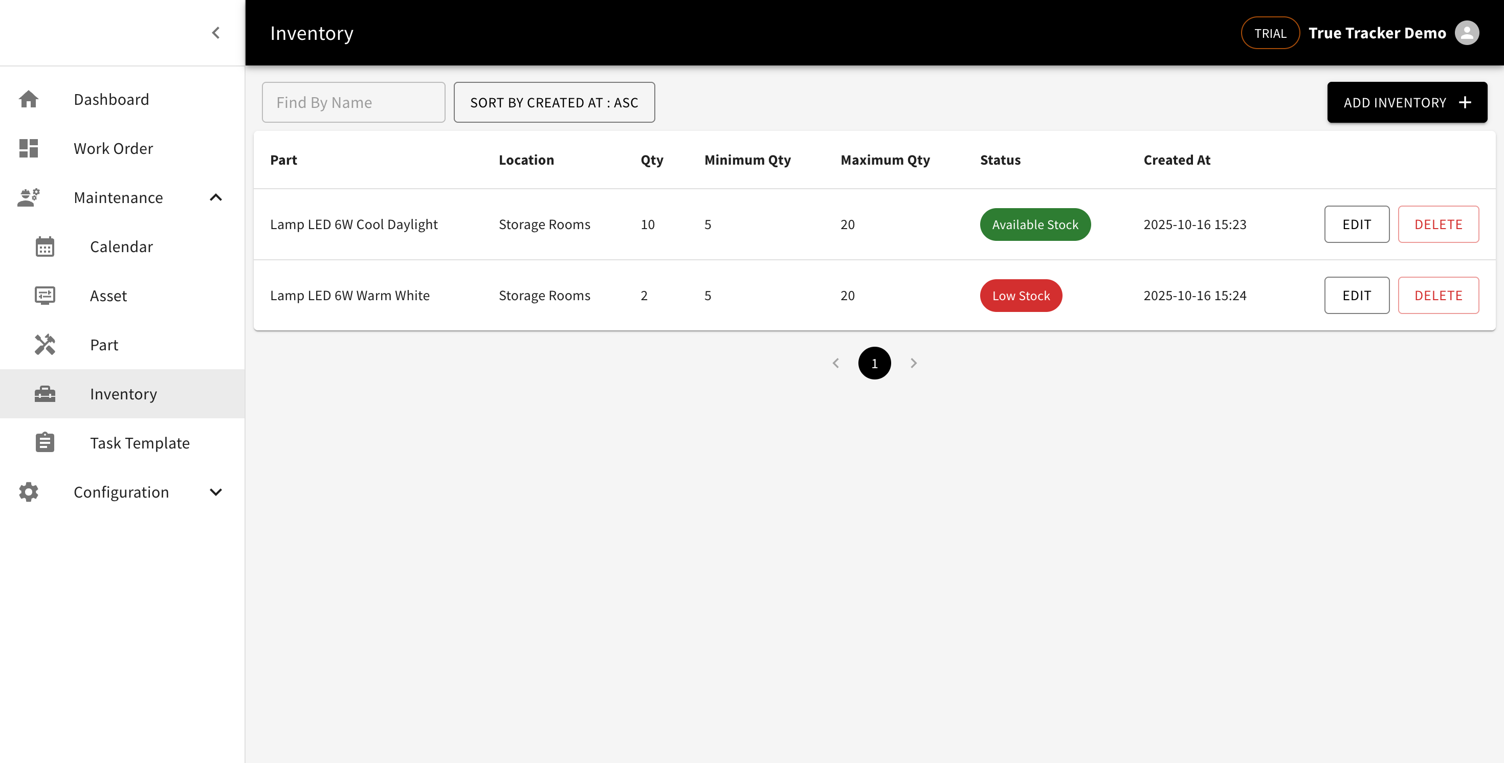 Inventory List Screen