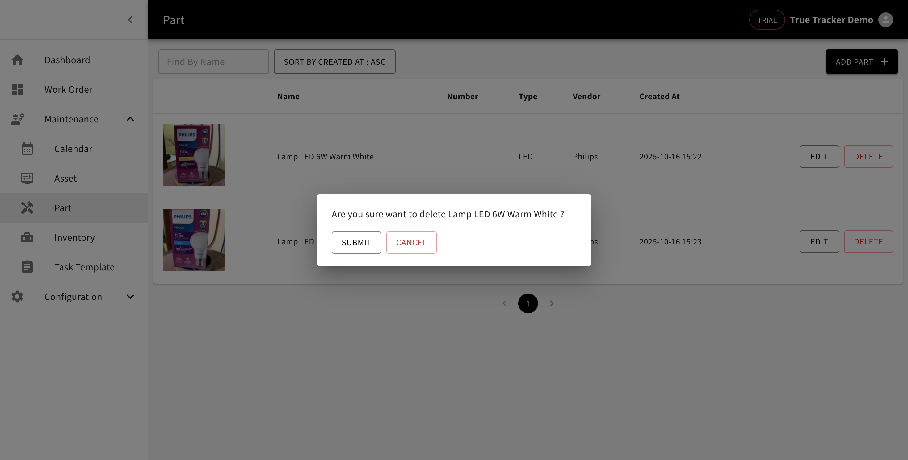 Delete Part Confirmation
