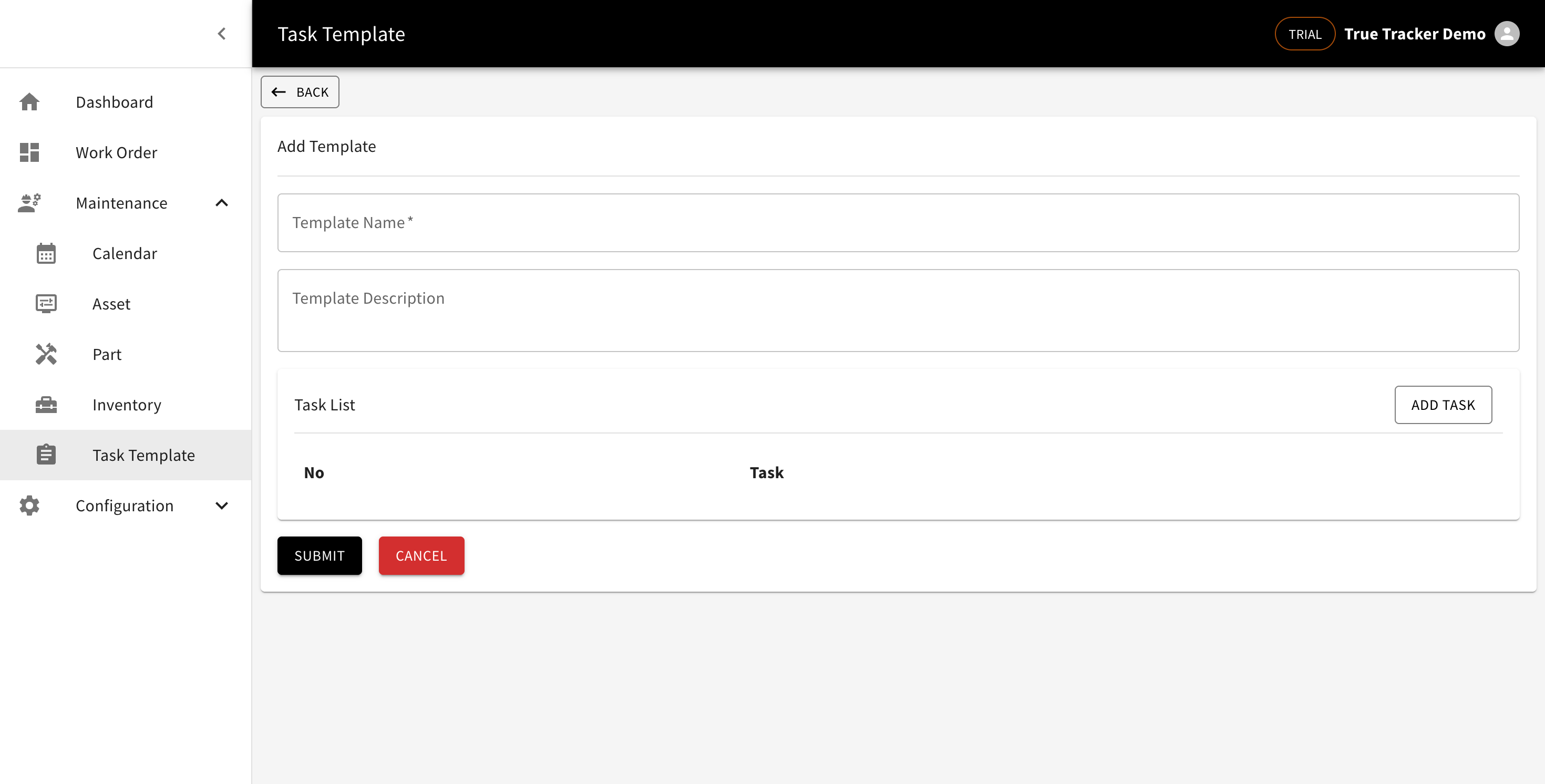 Create Task Template Screen