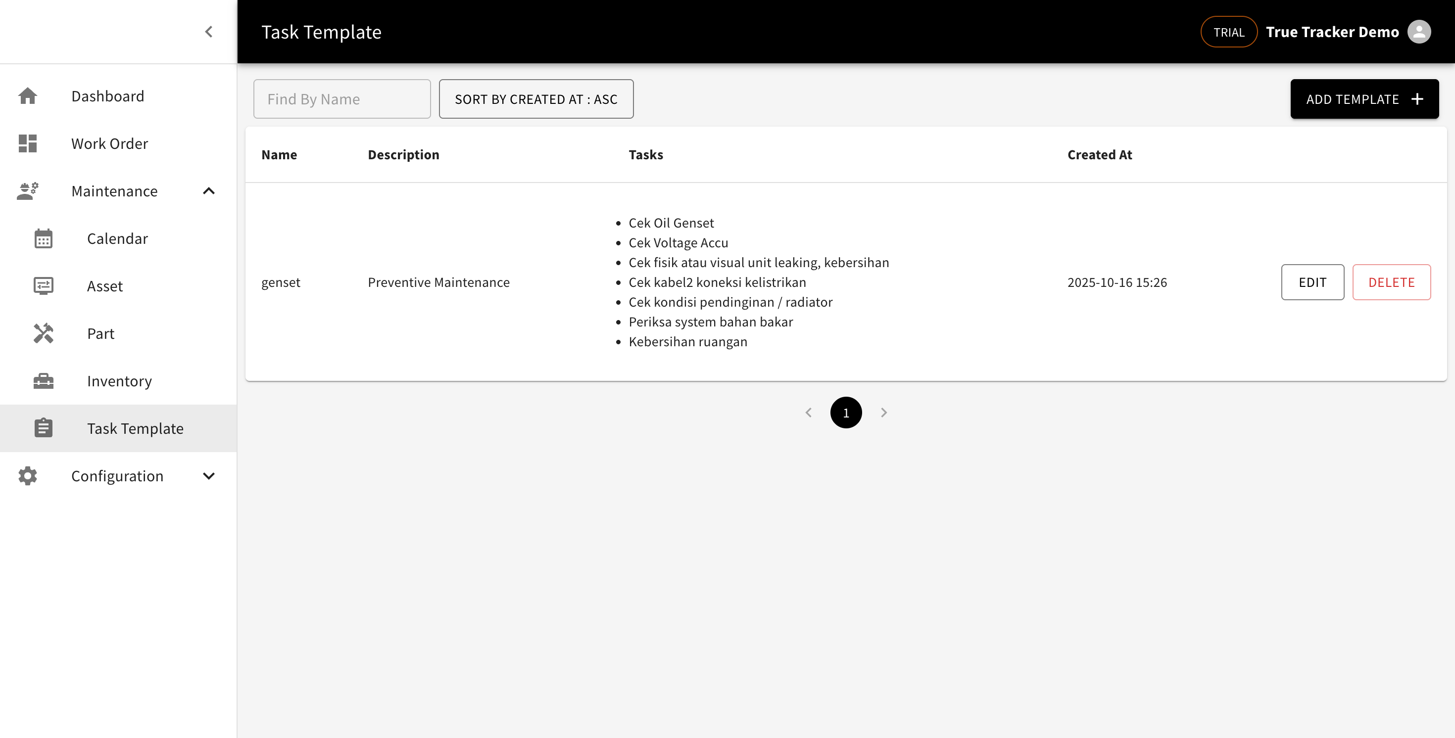 Task Template List Screen