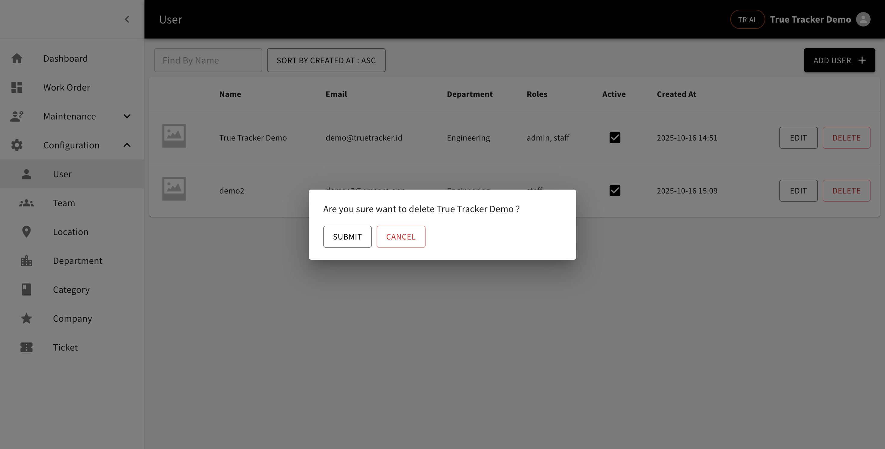 Delete User Confirmation